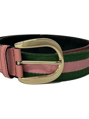 GUCCI 138445 Pink Green Cotton Leather Belt